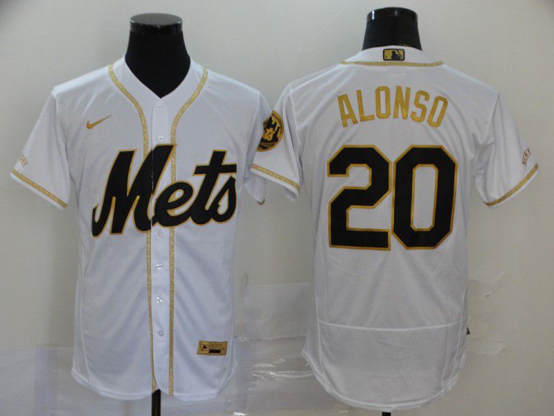 Men New York Mets #20 Alonso White Retro gold character Nike Elite MLB Jerseys